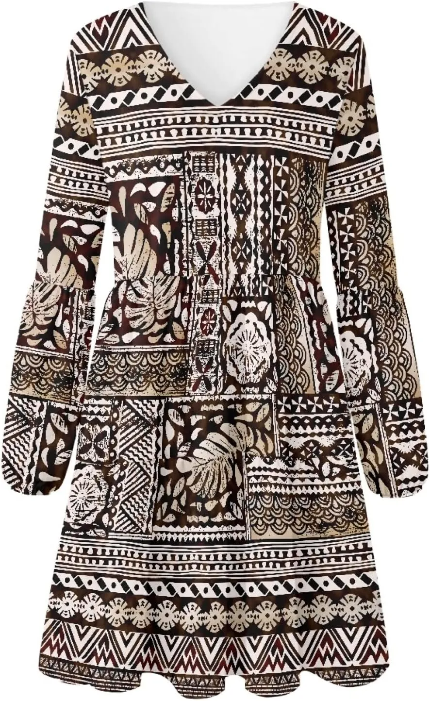 Bengbobar Womens Polynesian Print Dress Flower V Neck Long Puff Sleeve Casual Summer Elegant Mini Loose Pleated Shift Dresses