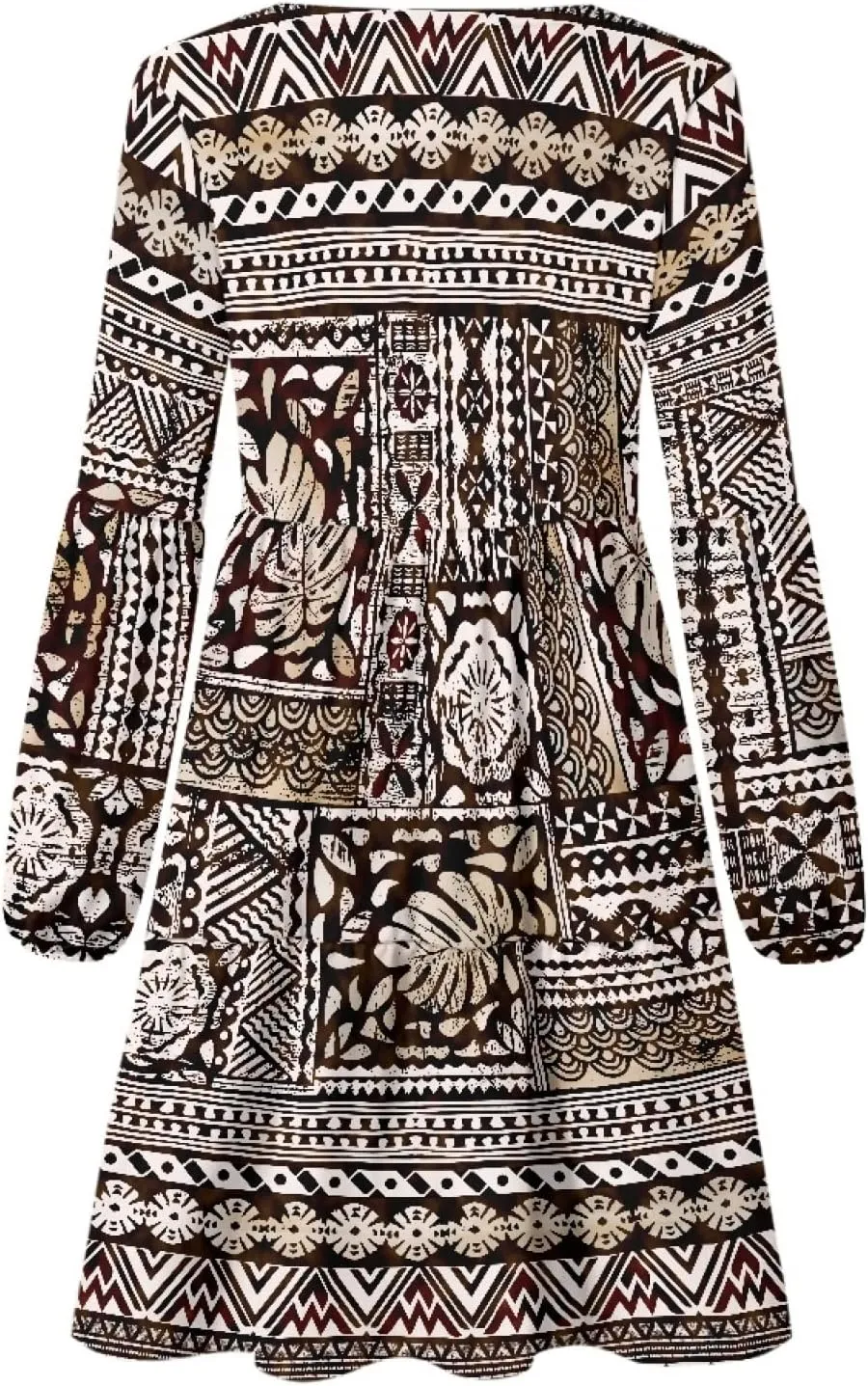 Bengbobar Womens Polynesian Print Dress Flower V Neck Long Puff Sleeve Casual Summer Elegant Mini Loose Pleated Shift Dresses