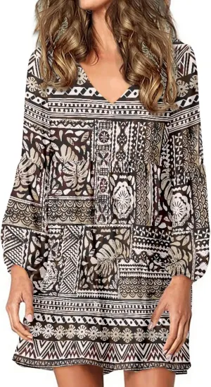 Bengbobar Womens Polynesian Print Dress Flower V Neck Long Puff Sleeve Casual Summer Elegant Mini Loose Pleated Shift Dresses