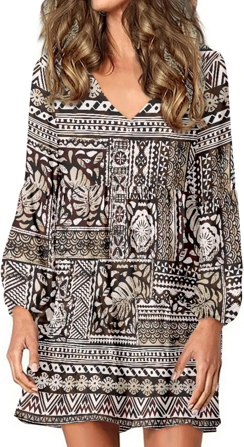 Bengbobar Womens Polynesian Print Dress Flower V Neck Long Puff Sleeve Casual Summer Elegant Mini Loose Pleated Shift Dresses