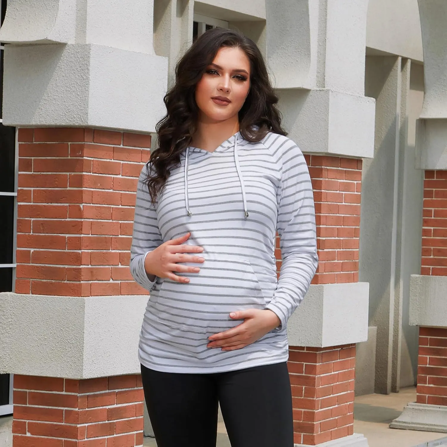 Bhome Maternity Hoodie Long Sleeves Shirt Casual Top Basic Tee Layering Sweatshirt