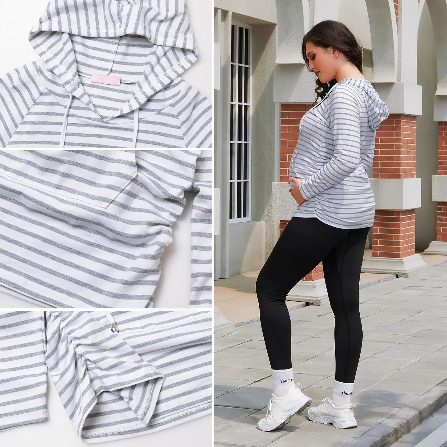 Bhome Maternity Hoodie Long Sleeves Shirt Casual Top Basic Tee Layering Sweatshirt