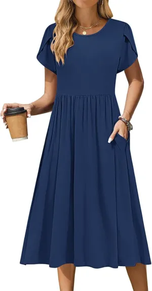 Borniu Women's Summer Casual Petal Short Sleeve T Shirts Maxi Dresses Flowy Crewneck Beach Vacation Sundress 2025 Outfits