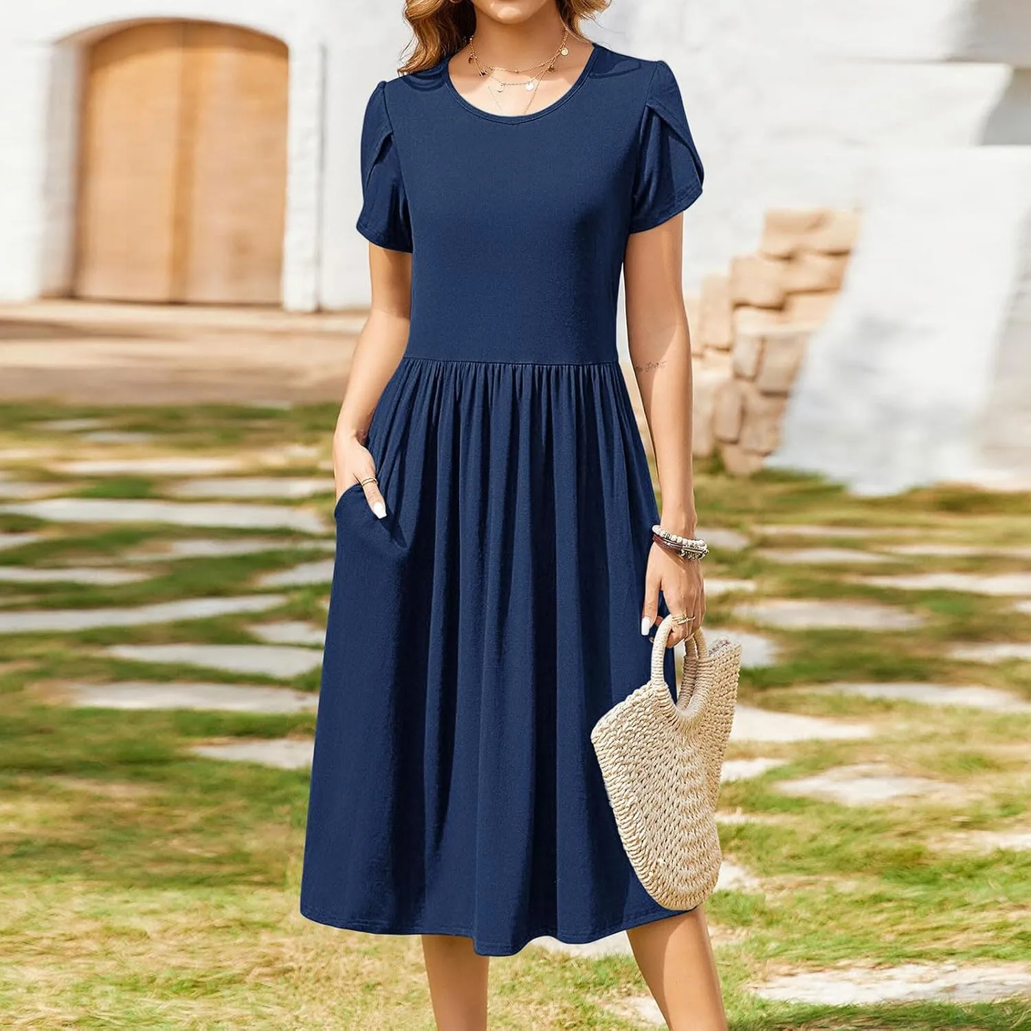 Borniu Women's Summer Casual Petal Short Sleeve T Shirts Maxi Dresses Flowy Crewneck Beach Vacation Sundress 2025 Outfits