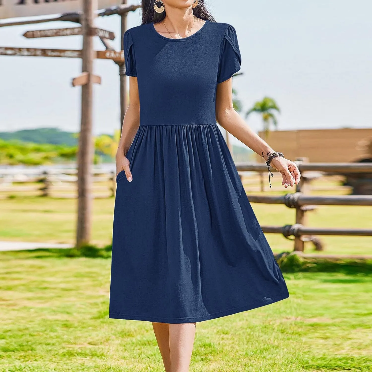 Borniu Women's Summer Casual Petal Short Sleeve T Shirts Maxi Dresses Flowy Crewneck Beach Vacation Sundress 2025 Outfits