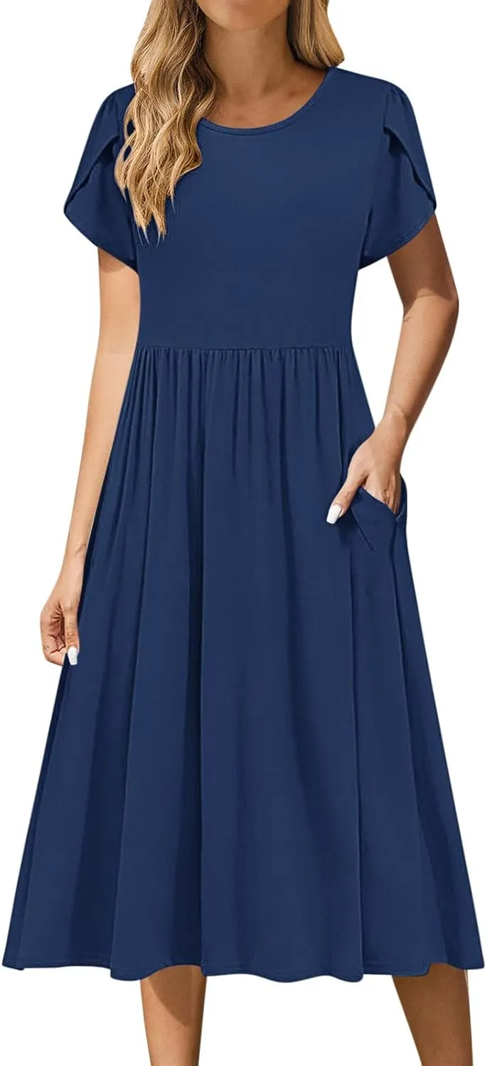 Borniu Women's Summer Casual Petal Short Sleeve T Shirts Maxi Dresses Flowy Crewneck Beach Vacation Sundress 2025 Outfits