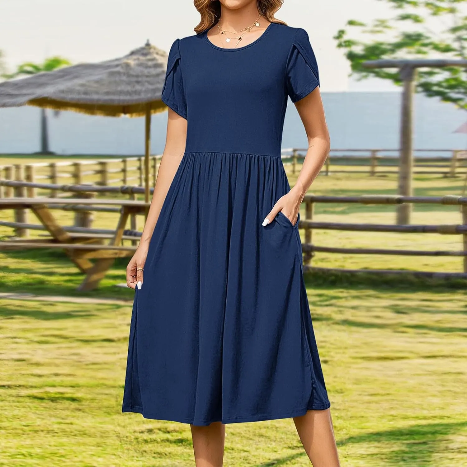 Borniu Women's Summer Casual Petal Short Sleeve T Shirts Maxi Dresses Flowy Crewneck Beach Vacation Sundress 2025 Outfits