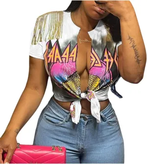 Bornpom Women Sexy Graphic Tees Low Cut V Neck Tops Fringe Short Sleeve Shirts Knot Front Tops