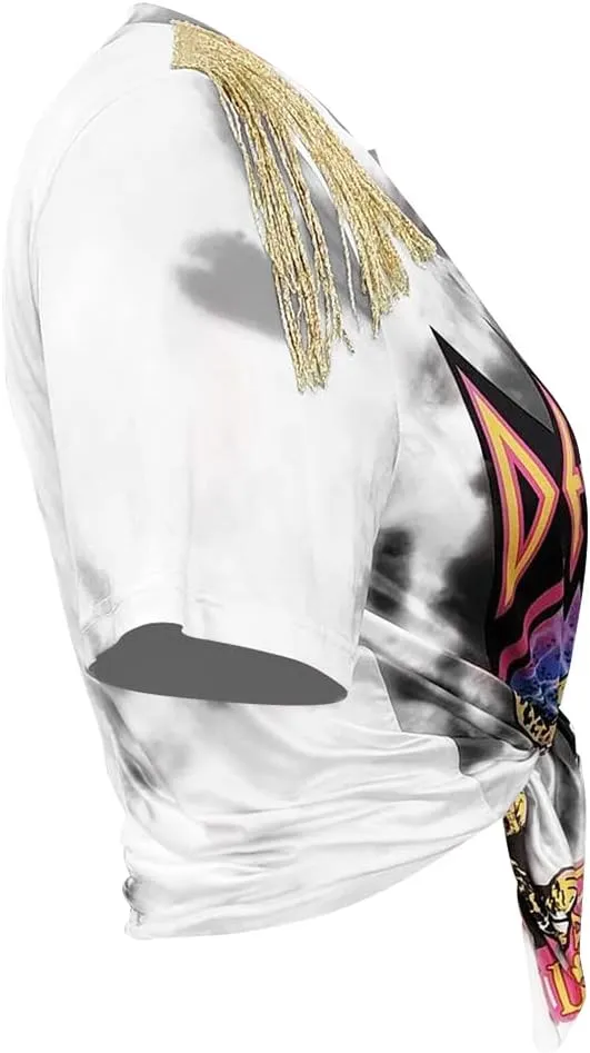 Bornpom Women Sexy Graphic Tees Low Cut V Neck Tops Fringe Short Sleeve Shirts Knot Front Tops