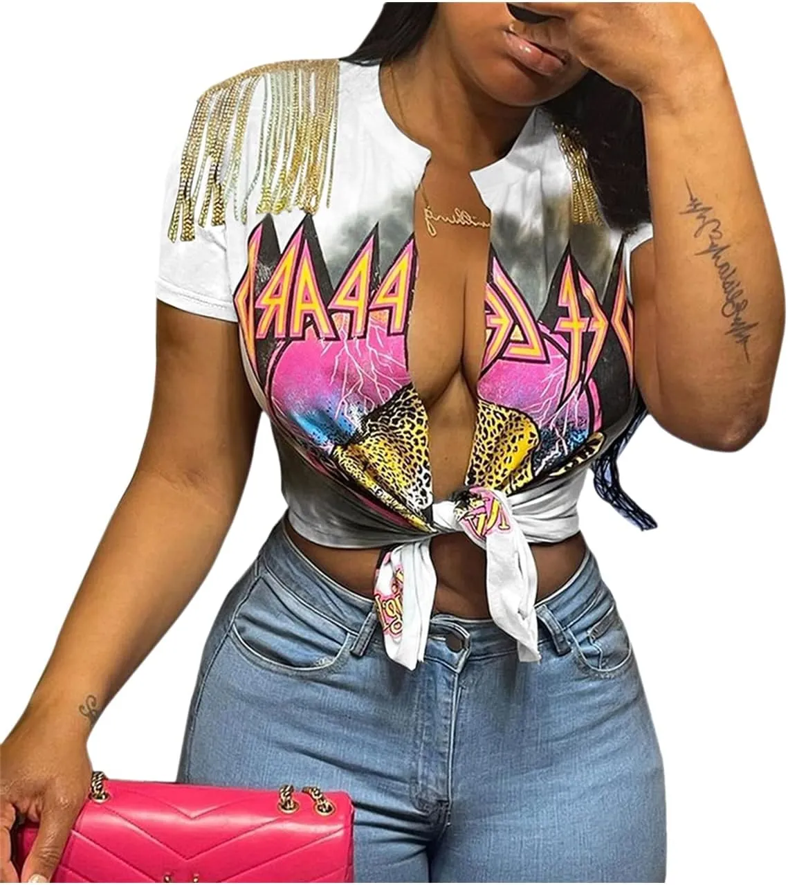 Bornpom Women Sexy Graphic Tees Low Cut V Neck Tops Fringe Short Sleeve Shirts Knot Front Tops