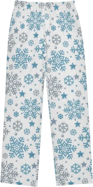 Boys' Pants Christmas Silver Blue Glittering Snowflakes Long Bottoms Winter Stars Jogger Pants Elastic Waist Trousers S