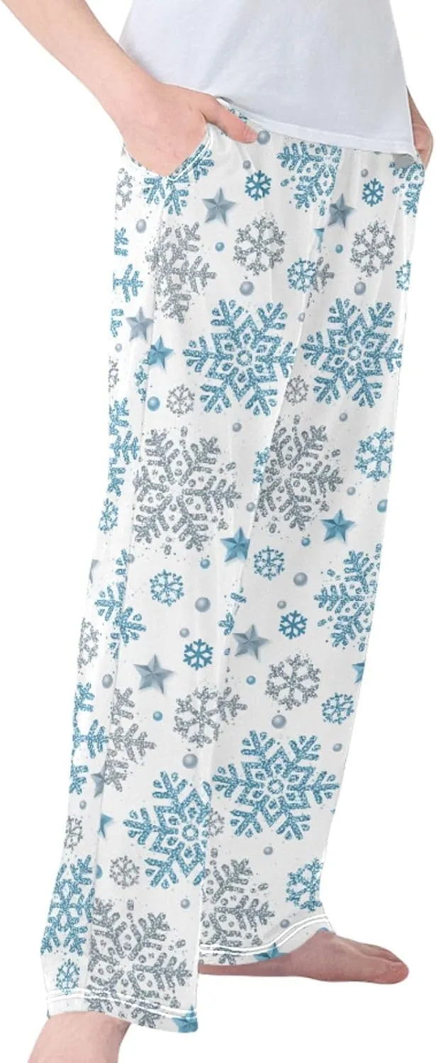 Boys' Pants Christmas Silver Blue Glittering Snowflakes Long Bottoms Winter Stars Jogger Pants Elastic Waist Trousers S