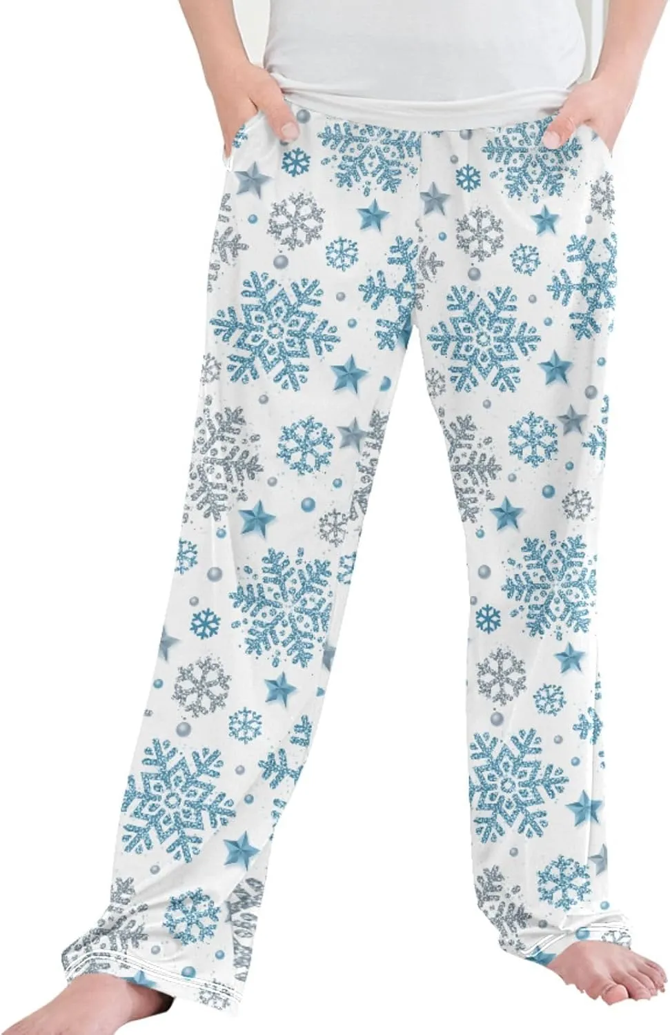 Boys' Pants Christmas Silver Blue Glittering Snowflakes Long Bottoms Winter Stars Jogger Pants Elastic Waist Trousers S