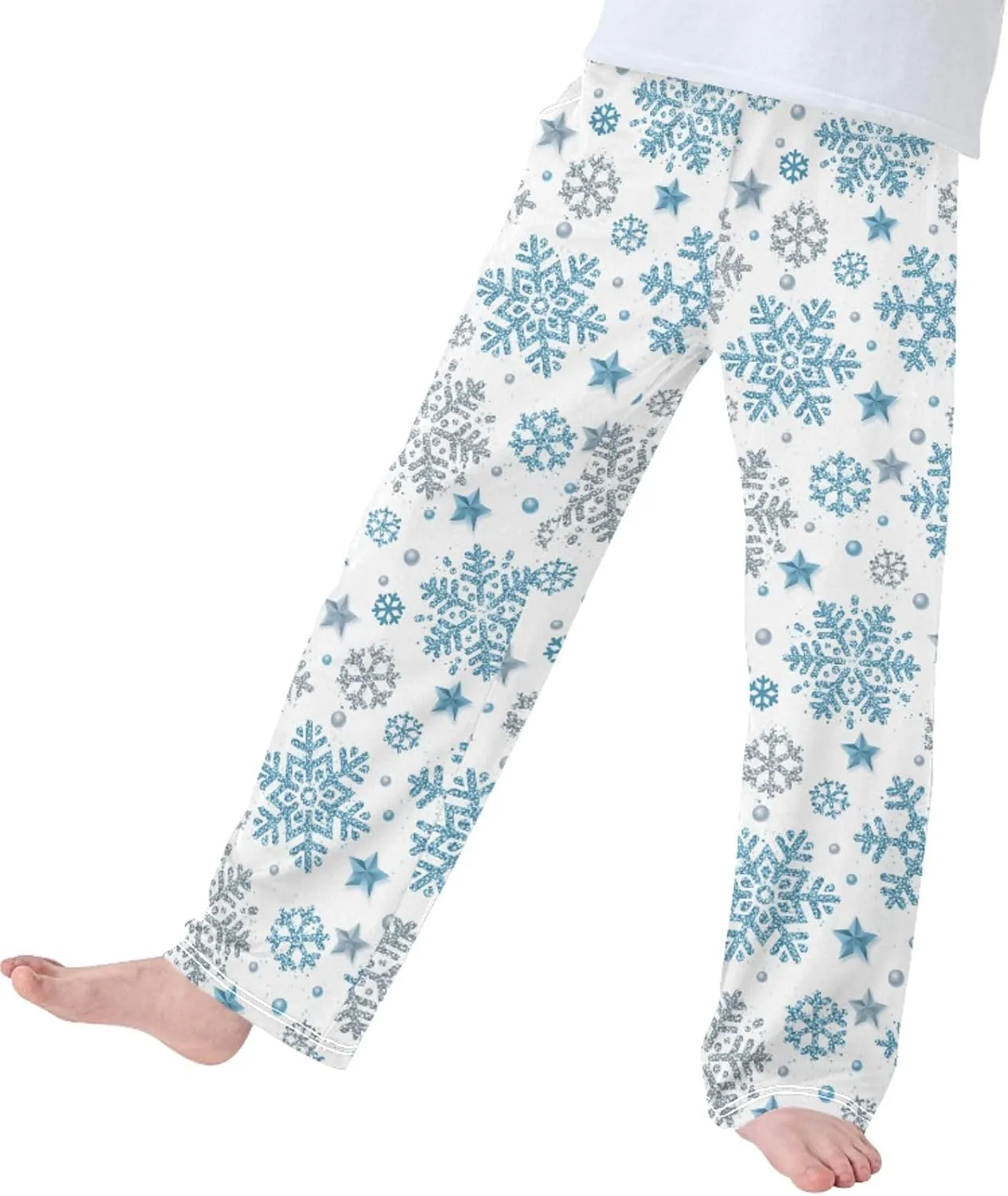 Boys' Pants Christmas Silver Blue Glittering Snowflakes Long Bottoms Winter Stars Jogger Pants Elastic Waist Trousers S