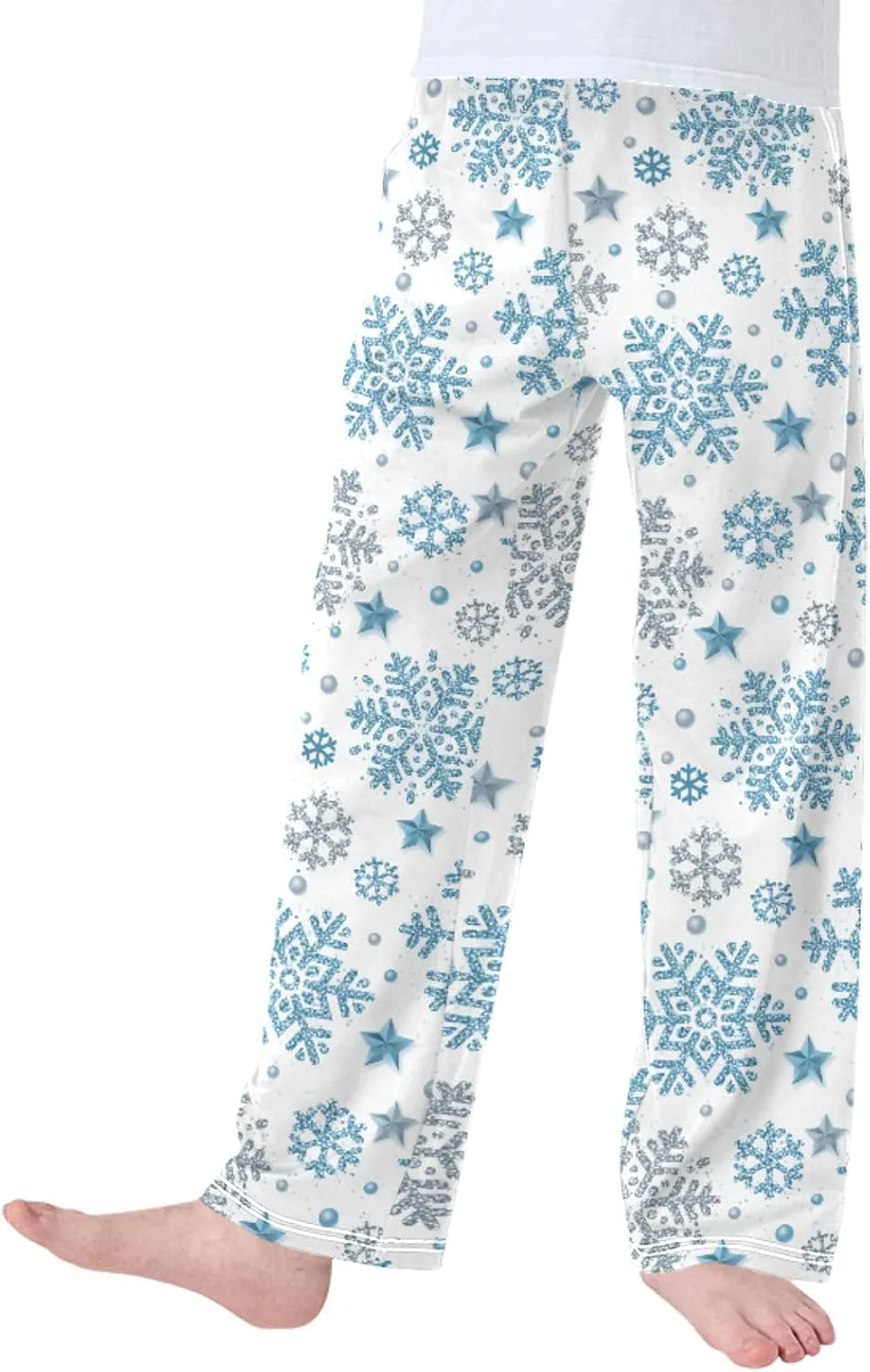 Boys' Pants Christmas Silver Blue Glittering Snowflakes Long Bottoms Winter Stars Jogger Pants Elastic Waist Trousers S