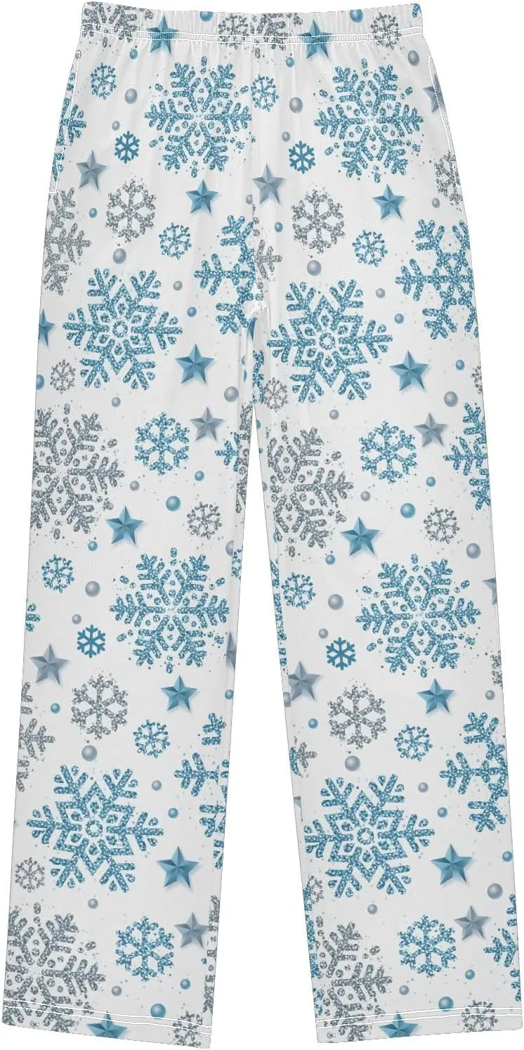 Boys' Pants Christmas Silver Blue Glittering Snowflakes Long Bottoms Winter Stars Jogger Pants Elastic Waist Trousers S