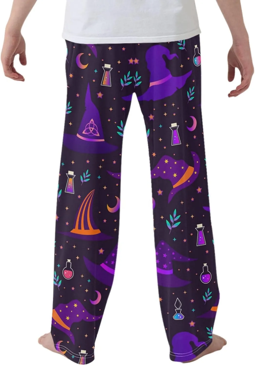 Boys' Pants Halloween Magic Witch Hats Long Bottoms Purple Stars Moon Leaves Jogger Pants Elastic Waist Trousers Pockets S