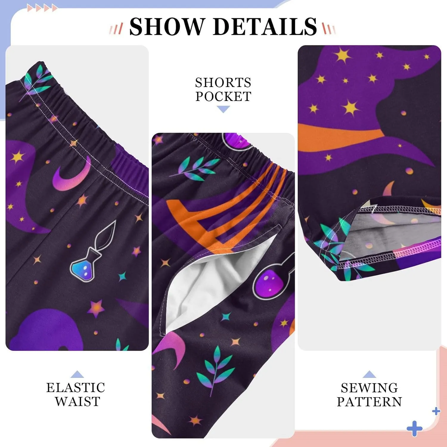 Boys' Pants Halloween Magic Witch Hats Long Bottoms Purple Stars Moon Leaves Jogger Pants Elastic Waist Trousers Pockets S