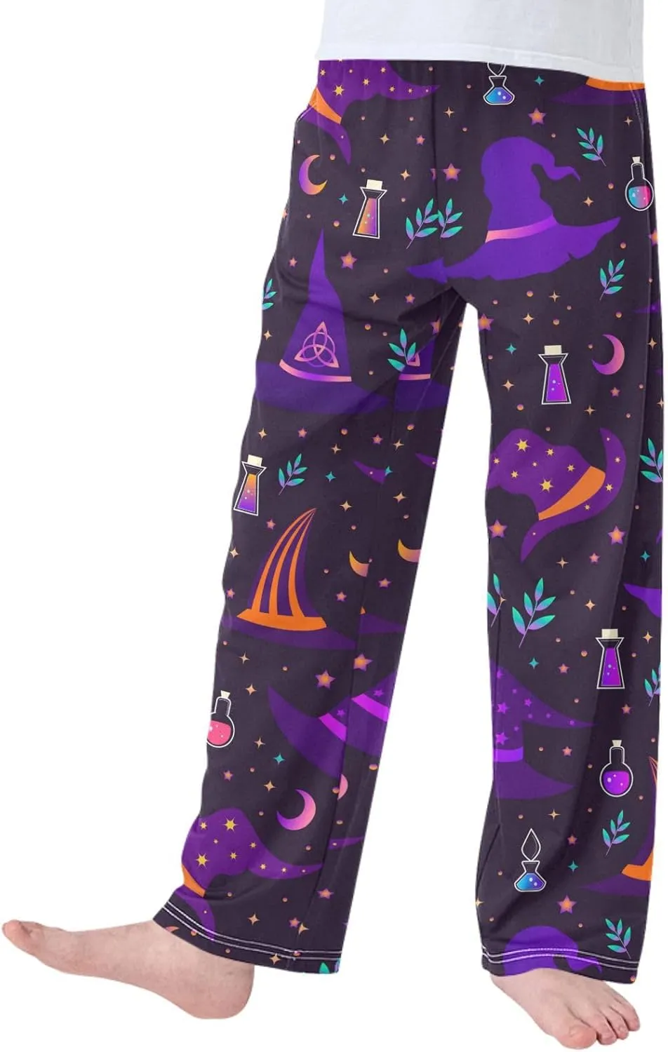 Boys' Pants Halloween Magic Witch Hats Long Bottoms Purple Stars Moon Leaves Jogger Pants Elastic Waist Trousers Pockets S