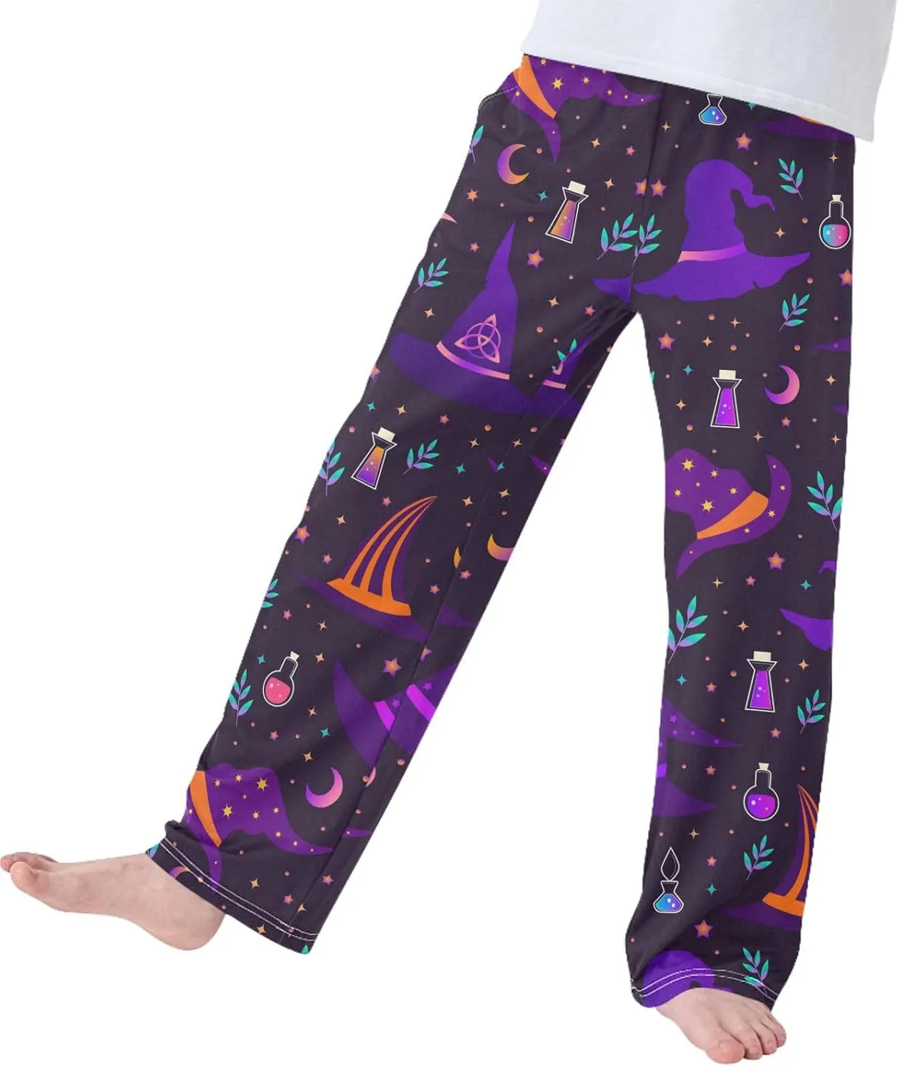 Boys' Pants Halloween Magic Witch Hats Long Bottoms Purple Stars Moon Leaves Jogger Pants Elastic Waist Trousers Pockets S
