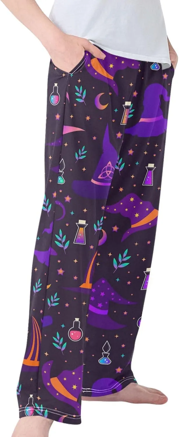 Boys' Pants Halloween Magic Witch Hats Long Bottoms Purple Stars Moon Leaves Jogger Pants Elastic Waist Trousers Pockets S