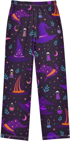 Boys' Pants Halloween Magic Witch Hats Long Bottoms Purple Stars Moon Leaves Jogger Pants Elastic Waist Trousers Pockets S