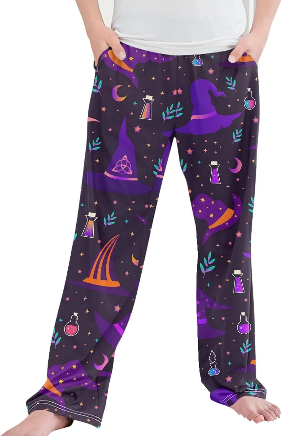 Boys' Pants Halloween Magic Witch Hats Long Bottoms Purple Stars Moon Leaves Jogger Pants Elastic Waist Trousers Pockets S