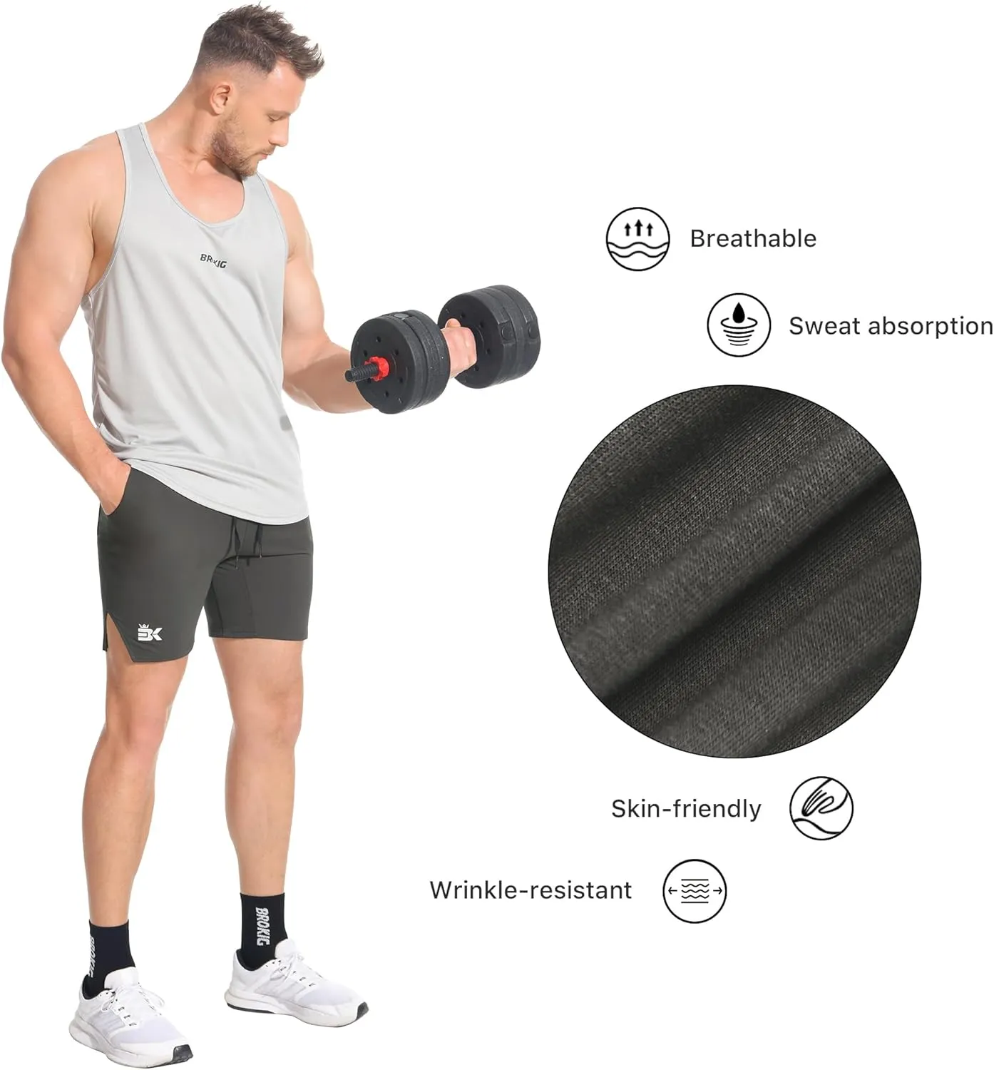 BROKIG Men's Airstretch Gym Shorts,5 Inch Slim Fit Running Exercise Athletic Workout Shorts for Men with Zipper Pockets