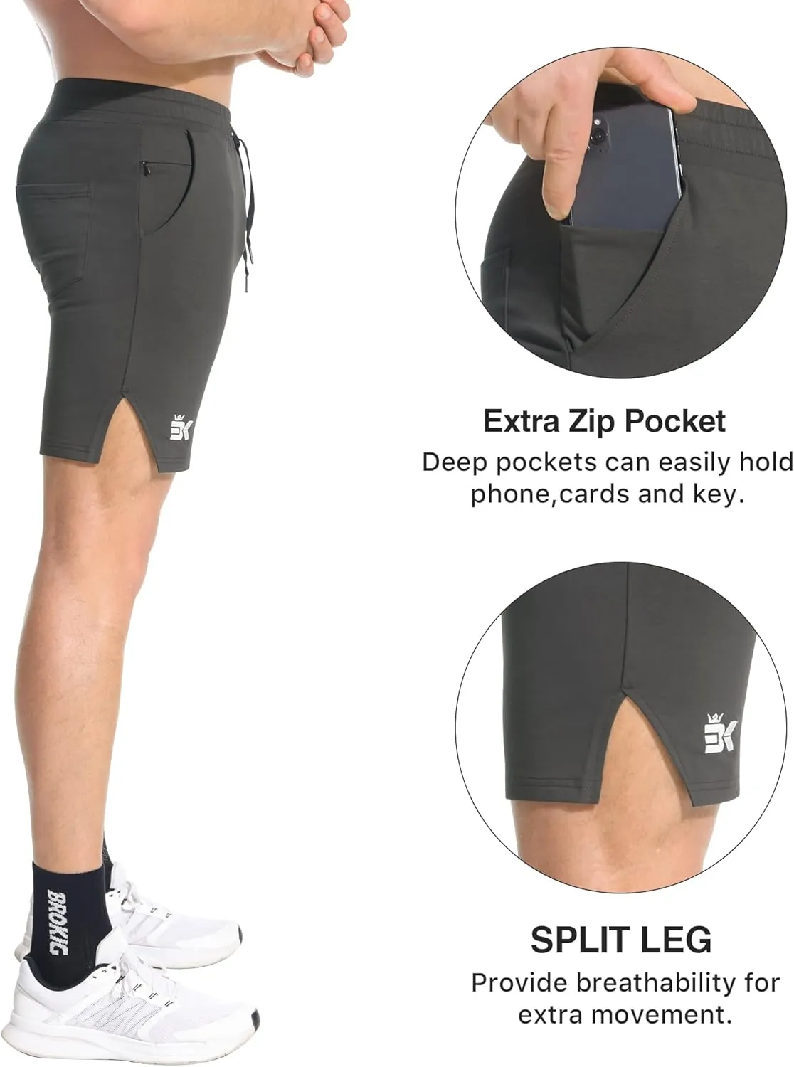 BROKIG Men's Airstretch Gym Shorts,5 Inch Slim Fit Running Exercise Athletic Workout Shorts for Men with Zipper Pockets