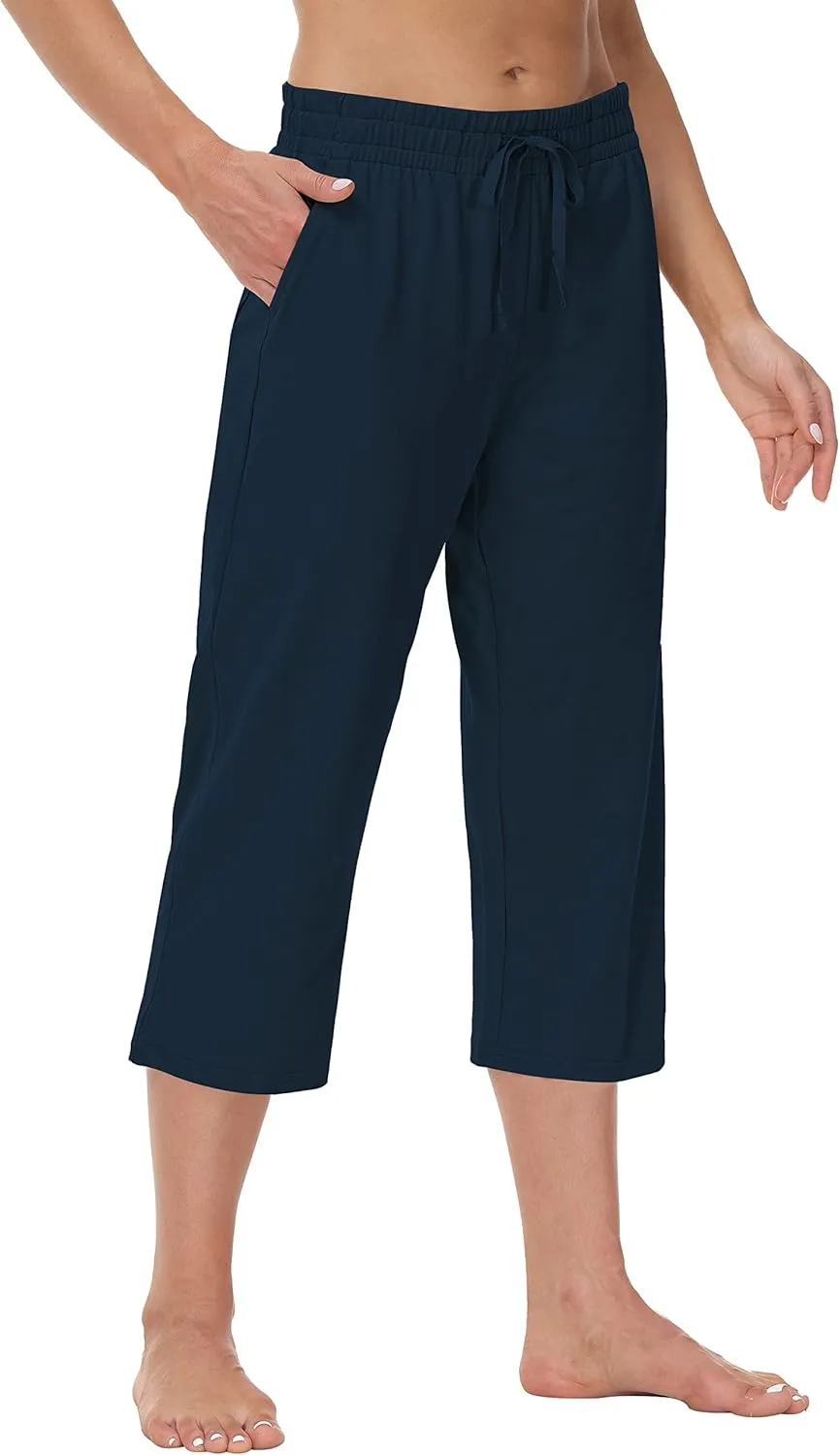 Cakulo Womens Capri Pants Wide Leg Yoga Capris Summer High Waisted Casual Lounge Cropped Pants with Pockets