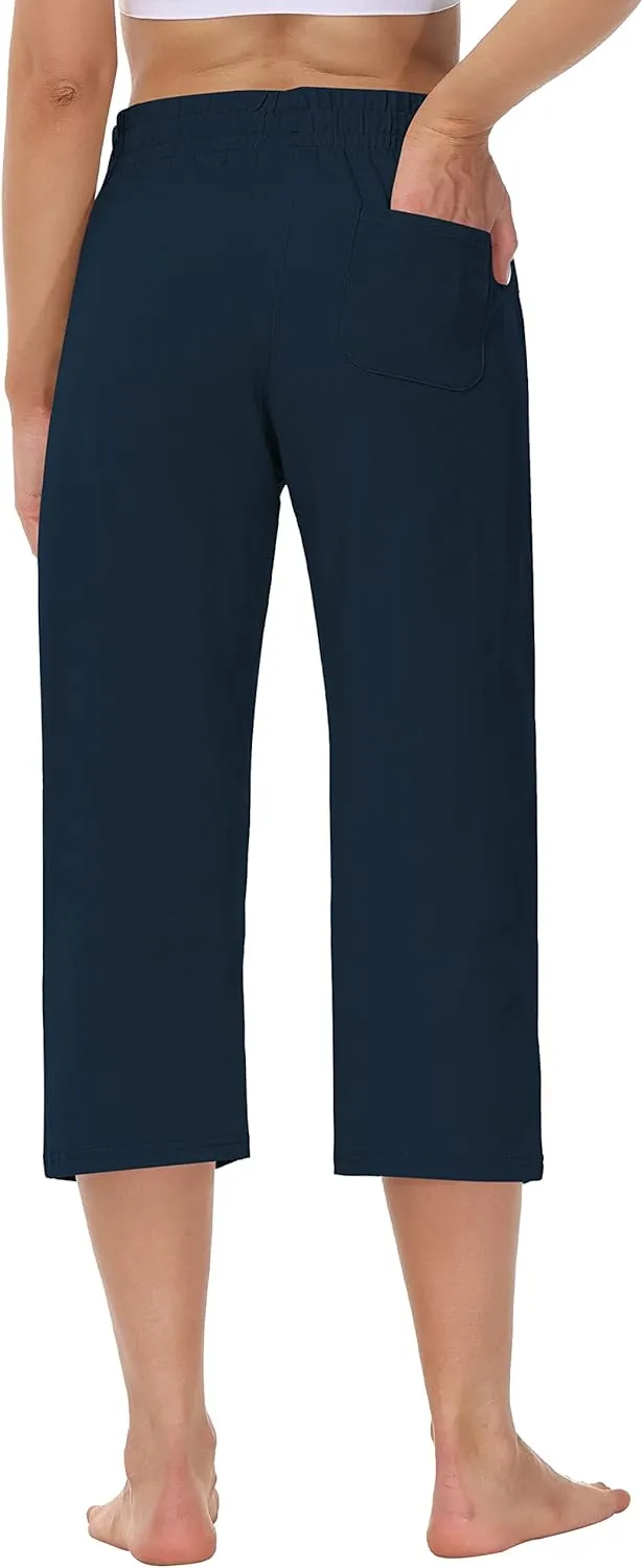 Cakulo Womens Capri Pants Wide Leg Yoga Capris Summer High Waisted Casual Lounge Cropped Pants with Pockets