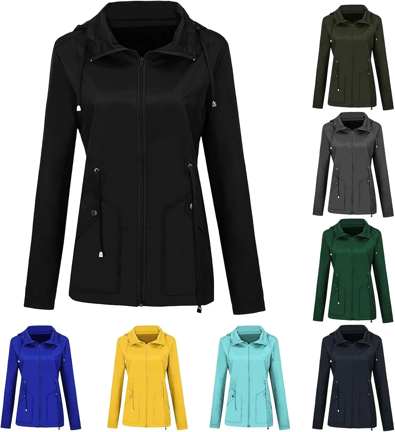 Canbebig Women Lightweight Waterproof Rain Jacket Hooded Drawstring Raincoats Active Outdoor Travel Hiking Windbreaker Pocket