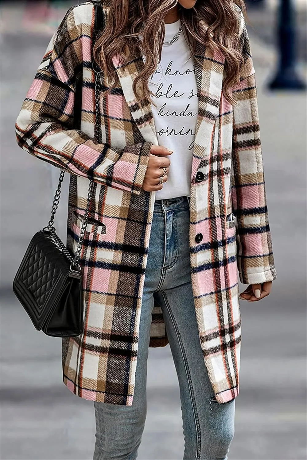 Canbebig Womens Oversized 2023 Plaid Shacket Jacket Lounge Button Down Wool Blend Fall Winter Tartan Trench Coat with Pockets