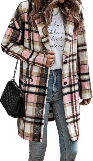 Canbebig Womens Oversized 2023 Plaid Shacket Jacket Lounge Button Down Wool Blend Fall Winter Tartan Trench Coat with Pockets