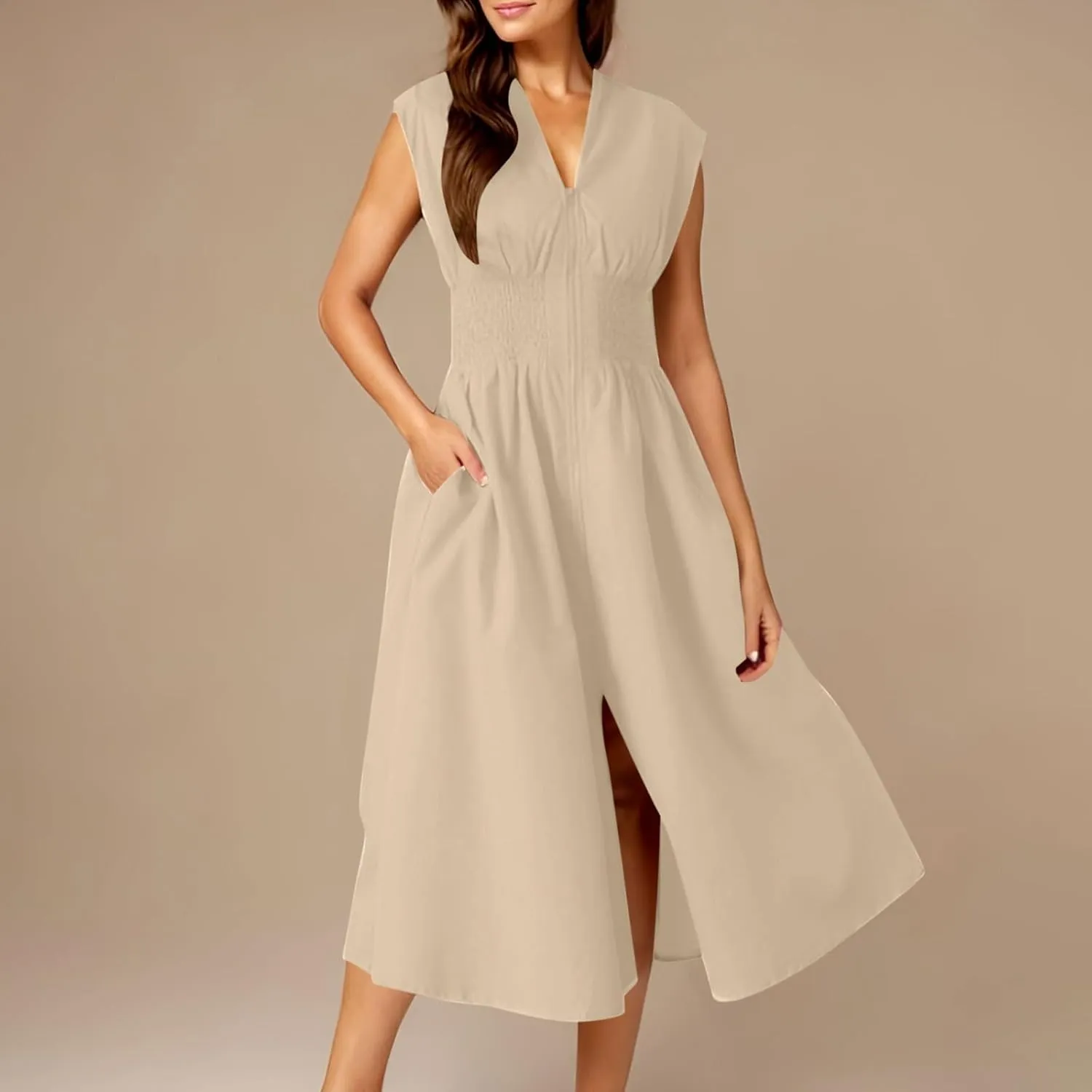 Casual Dresses for Women 2025 Summer Beach Sundress Cap Sleeve V Neck Zip Front Flowy Slit Midi Dress with Pocket