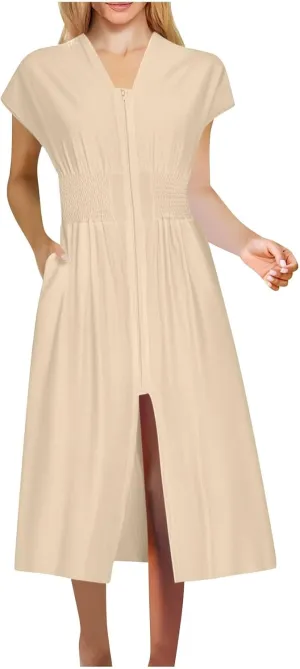 Casual Dresses for Women 2025 Summer Beach Sundress Cap Sleeve V Neck Zip Front Flowy Slit Midi Dress with Pocket