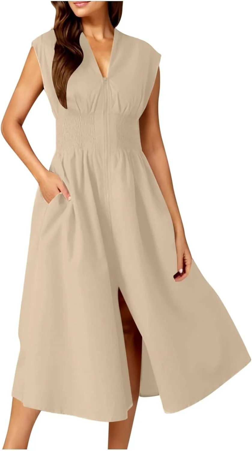 Casual Dresses for Women 2025 Summer Beach Sundress Cap Sleeve V Neck Zip Front Flowy Slit Midi Dress with Pocket