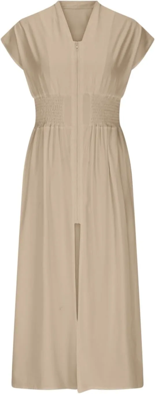 Casual Dresses for Women 2025 Summer Beach Sundress Cap Sleeve V Neck Zip Front Flowy Slit Midi Dress with Pocket