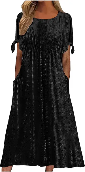Casual Summer Dresses for Women 2025,Womens Boho Eyelet Pastel Dress Button V Neck Tie Knot Short Sleeve Beach Dress