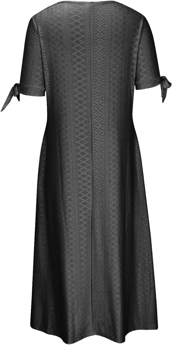 Casual Summer Dresses for Women 2025,Womens Boho Eyelet Pastel Dress Button V Neck Tie Knot Short Sleeve Beach Dress