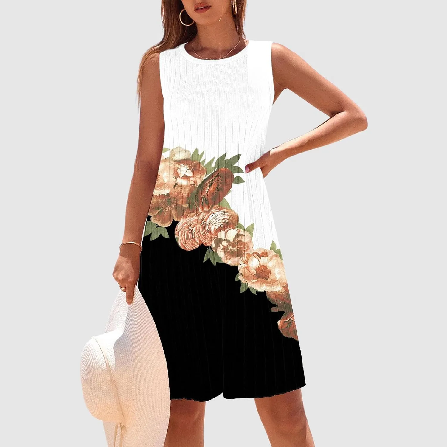 Casual Summer Dresses for Women 2025,Womens Classy Printed Sleeveless Mini Dress Boatneck Loose Tank A Line Beach Dress