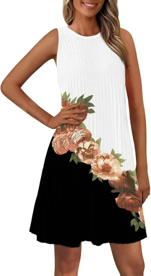Casual Summer Dresses for Women 2025,Womens Classy Printed Sleeveless Mini Dress Boatneck Loose Tank A Line Beach Dress