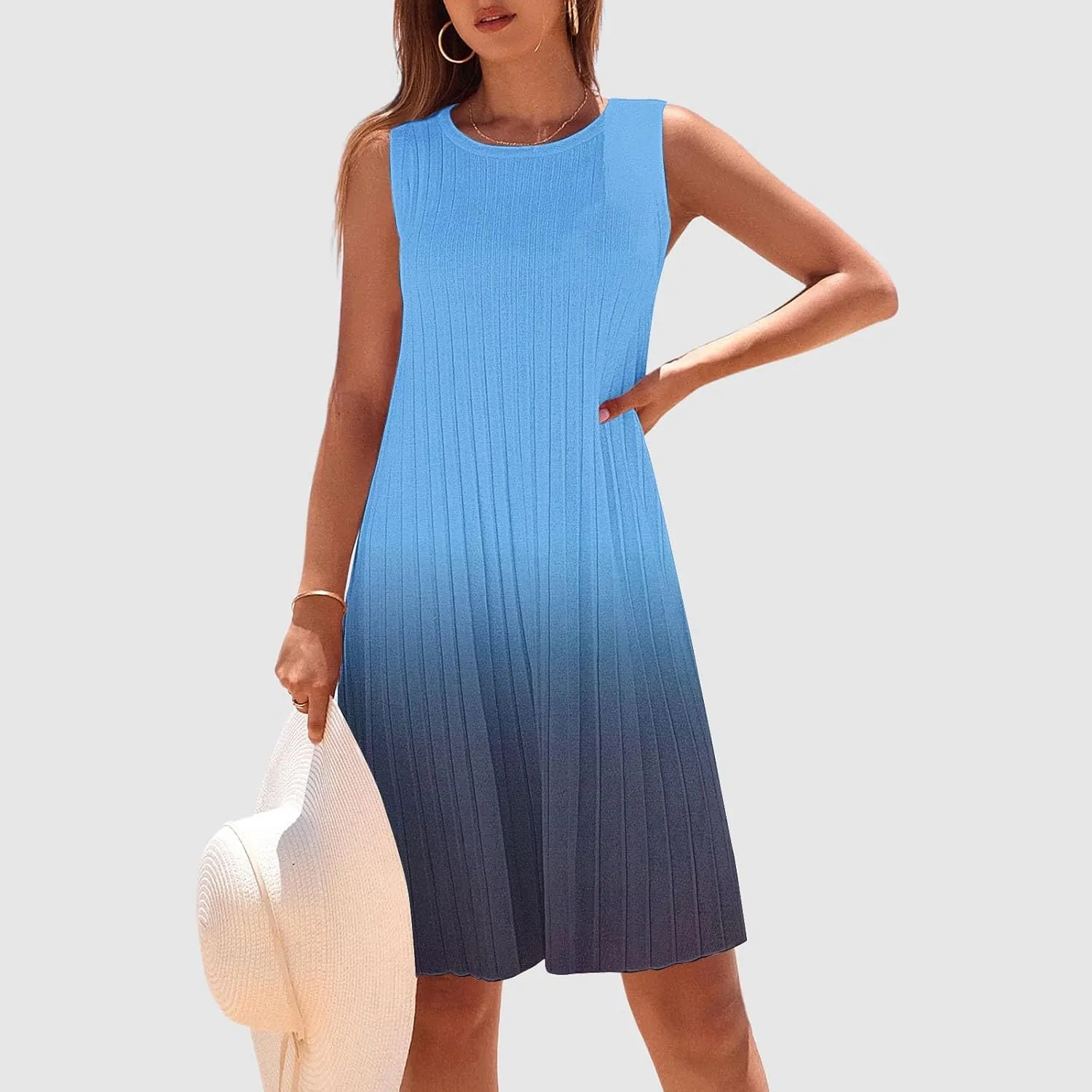 Casual Summer Dresses for Women 2025,Womens Gradient Color Sleeveless Mini Dress Crewneck Loose Tank A Line Beach Dress
