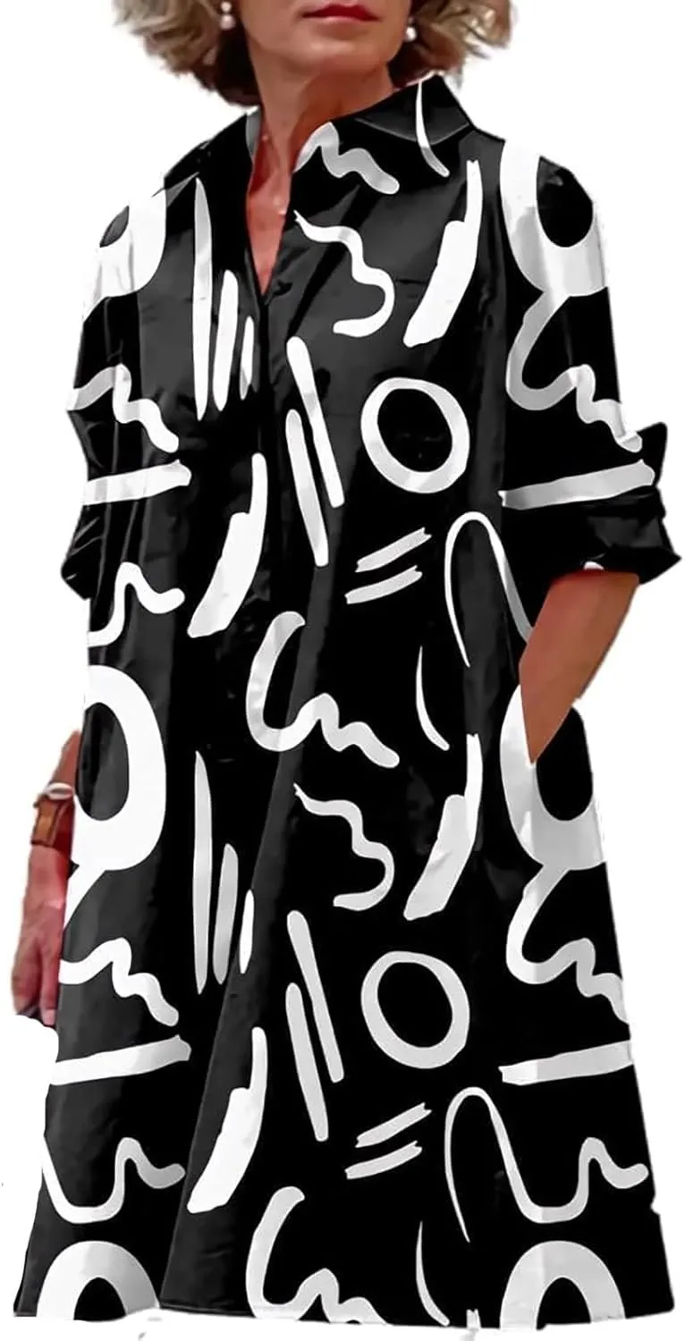 Casual Summer Dresses for Women 2025,Women's Long Sleeve Button Down Shirt Summer Dress Loose Fit Midi Shirt Dresses
