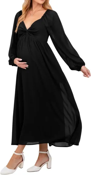 Chiffon V Neck Maternity Dresses for Baby Shower Long Puffy Sleeve Fall Pregnancy Photoshoot Dress for Women