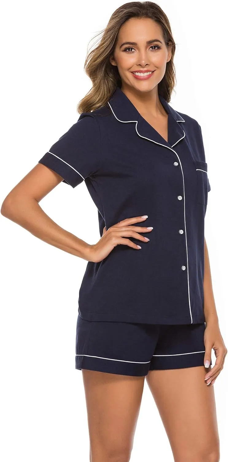 COLORFULLEAF Womens 100% Cotton Pajamas Short Set Soft Short Sleeve Sleepwear Button Down Summer Pjs Set with Pockets S-XXL
