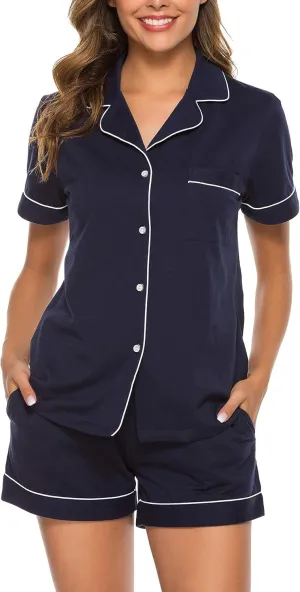 COLORFULLEAF Womens 100% Cotton Pajamas Short Set Soft Short Sleeve Sleepwear Button Down Summer Pjs Set with Pockets S-XXL