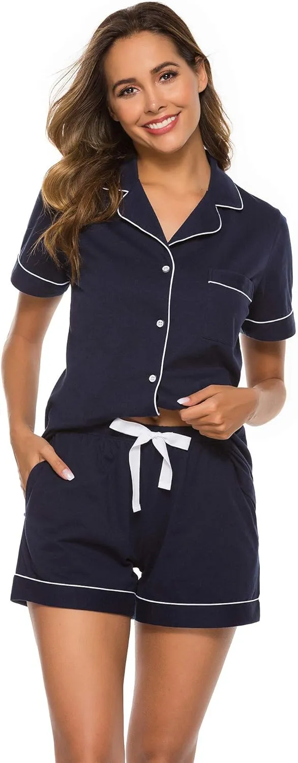 COLORFULLEAF Womens 100% Cotton Pajamas Short Set Soft Short Sleeve Sleepwear Button Down Summer Pjs Set with Pockets S-XXL