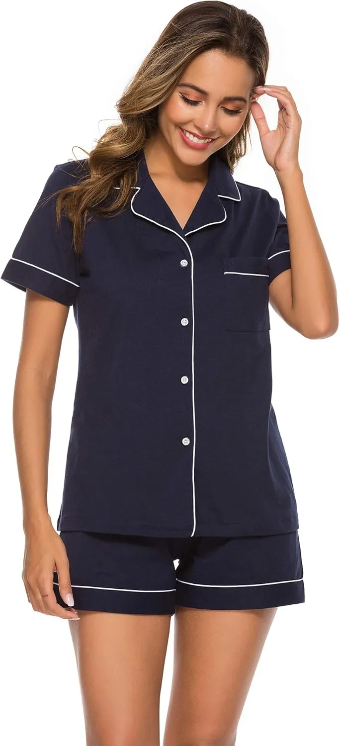 COLORFULLEAF Womens 100% Cotton Pajamas Short Set Soft Short Sleeve Sleepwear Button Down Summer Pjs Set with Pockets S-XXL