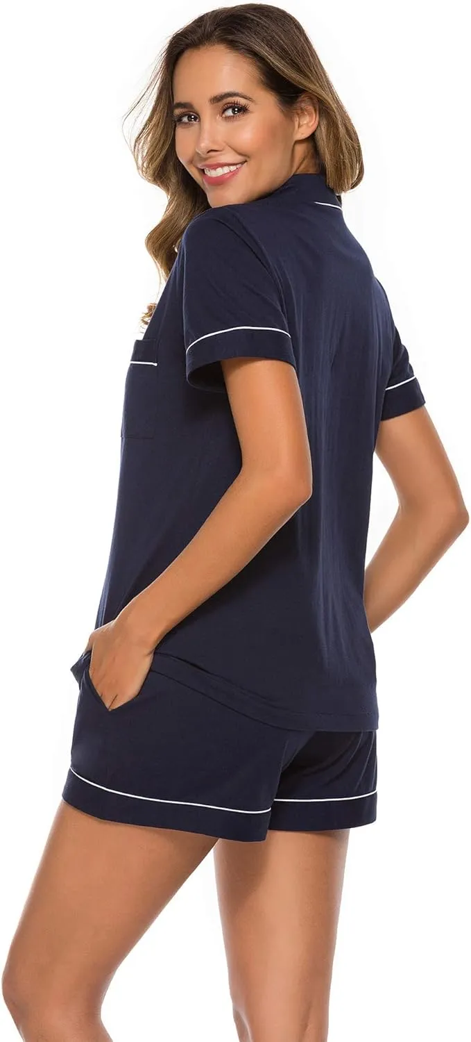 COLORFULLEAF Womens 100% Cotton Pajamas Short Set Soft Short Sleeve Sleepwear Button Down Summer Pjs Set with Pockets S-XXL